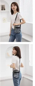 Model wearing a small transparent PVC waterproof crossbody bag with black strap