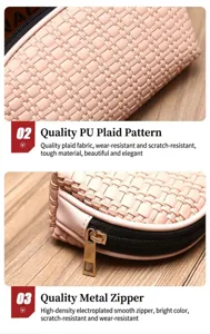 Primo piano della trama in pelle PU intrecciata rosa e del dettaglio della cerniera dorata