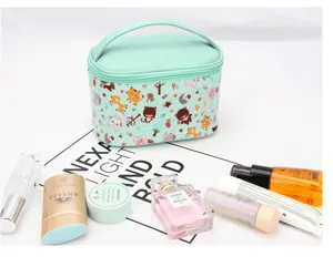 Minzgrüne Kosmetiktasche aus PU-Leder mit süßem Tier-Print, große tragbare Make-up-Organizer.
