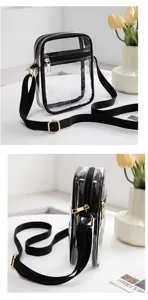 Side and front detail views of a stylish transparent PVC crossbody bag with black trim