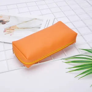 Tragbare PU Leder Kosmetiktasche Große Kapazität Wasserdicht Kosmetik Organizer Etui Einfarbig Reißverschluss Federmappe Damen Reise Aufbewahrungstasche