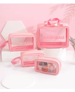 Set di 4 beauty case rosa trasparenti e impermeabili di varie dimensioni per viaggi