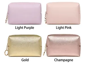 Detailed view of square PU leather makeup bags in four elegant metallic and pastel colors