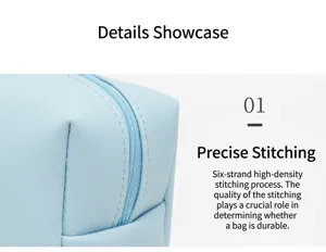 Close-up of precise stitching and durable zipper on a light blue PU cosmetic bag