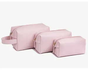 Set van 3 roze PU-leren make-uptassen met ritssluiting voor handige reisopslag