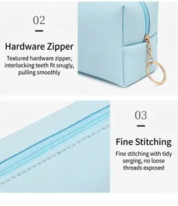 Close-up showing smooth hardware zipper and meticulous stitching on light blue PU bag.