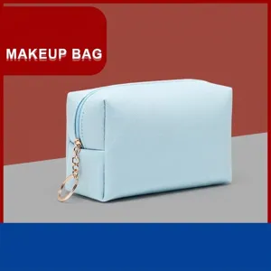 Borsa da Trucco Impermeabile in Pelle PU Grande Capacità Organizzatore da Viaggio Tinta Unita Trama Saffiano Pochette per Cosmetici Con Cerniera Donna