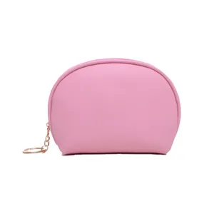 Borsa per cosmetici rosa a semicerchio in pelle PU impermeabile con cerniera ad anello d'oro