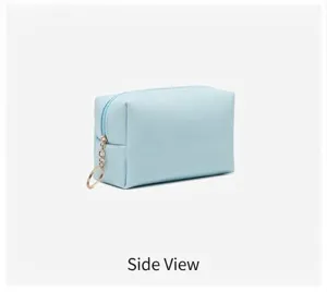 Detailed side view of a light blue waterproof PU leather rectangular cosmetic makeup bag
