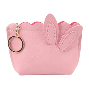 Cute pink mini coin purse with rabbit ears and wave edge with gold keyring pendant
