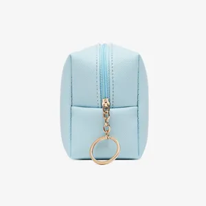 Borsa cosmetica portatile in pelle PU azzurra impermeabile con cerniera ad anello dorato