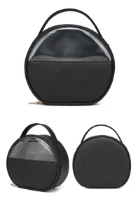 Professional round black makeup bag with clear window and handle seen in three views
