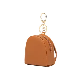 Mini portamonete in pelle PU marrone con portachiavi per auricolari e piccoli oggetti.