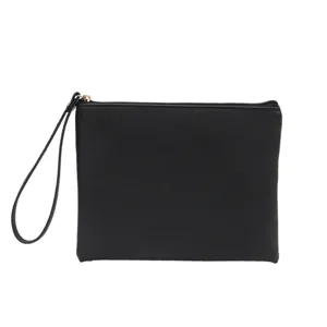 Minimalist black PU leather makeup pouch with wristlet strap and Saffiano texture