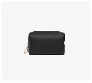 Front view of black textured PU leather waterproof cosmetic bag for travel storage