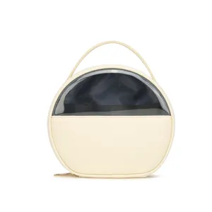 Elegant cream round waterproof travel makeup bag with clear window and top handle
