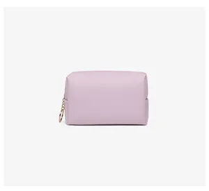 Lavender Saffiano PU leather makeup pouch detail showing square shape and texture