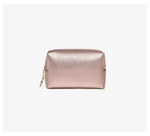 Rose gold PU leather cosmetic bag with metallic finish and gold zipper pull