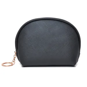 Sleek black semi-circular Saffiano leather makeup pouch with rose gold keychain accessory