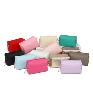 Women Fashion PU Leather Cosmetic Bag Square Waterproof Travel Wash Storage Bag Portable Hand Clutch Toiletry Pouch Organizer Solid Color Saffiano Textured Wristlet Case With Zipper Ring Pull