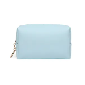 Light blue PU leather square cosmetic bag with heart zipper pull charm.
