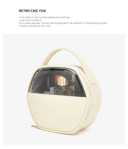 Borsa da trucco semicircolare in PU crema con finestra trasparente e manico da viaggio