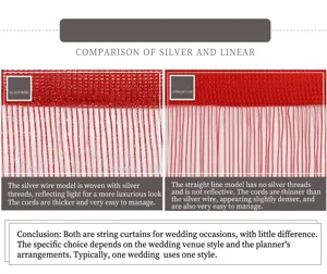 Detail comparison between silver wire and straight line red decorative string curtains.