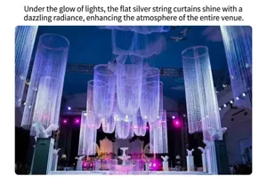 Glistening silver string curtain used for grand wedding venue ceiling decoration setup
