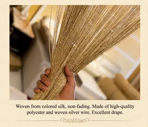 Close-up of elegant golden shimmer string curtain with silver threads for home decor
