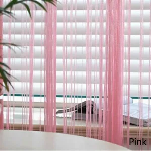 Close-up of decorative pink string curtain with a fine fringe texture