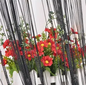 Close-up of black string curtain room divider with decorative floral background.