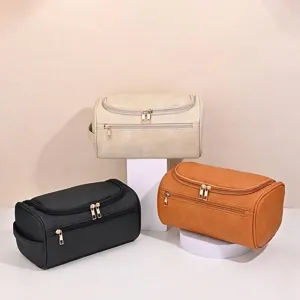 Set di tre borse cosmetiche in pregiata pelle PU per viaggi in nero, crema e marrone