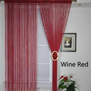 Detailed view of wine red Korean style string curtain with elegant golden holdback