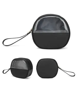 Borsa per cosmetici tonda in pelle PU nera con finestra trasparente vista da tre angolazioni