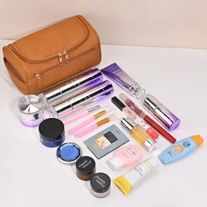 Borsa da trucco portatile in pelle PU marrone con grande capacità e impermeabile