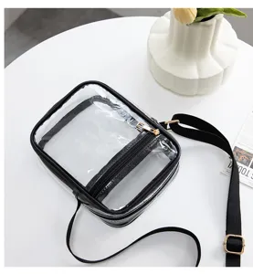 Detailed view of the transparent waterproof PVC crossbody bag with adjustable black strap