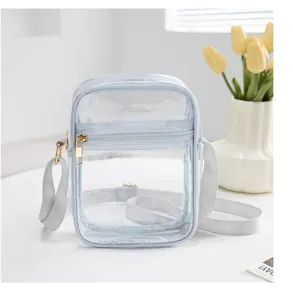 Detail shot of the transparent PVC crossbody bag with a light blue trim and gold zipper