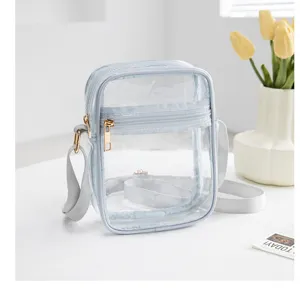 Stylish transparent PVC crossbody bag with light blue trim and golden zipper detail