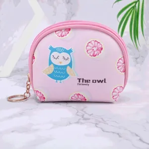 Mini Cute Cartoon Owl Print Pink PU Leather Coin Purse Portable Earphone Storage Bag With Keychain For Kids Girls Daily Use