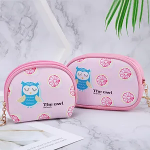 Cute pink owl print mini coin purse for kids, portable storage bag with zip chain