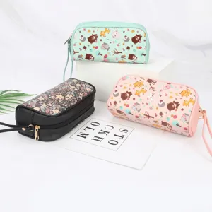 Borsa a Pochette con Cerniera in Pelle Sintetica Stampata con Cartoni Animati e Fiori alla Moda Grande Capacità Custodia Portatile Organizer Trucco Cosmetici Necessaire Viaggio Astuccio Per Scuola Quotidiana