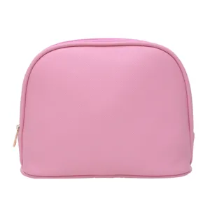 Elegant pink shell-shaped waterproof travel cosmetic bag with cross-grain texture and gold zipper