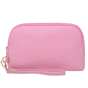 Neceser pequeño de cuero PU rosa con correa de mano, estuche portátil impermeable.