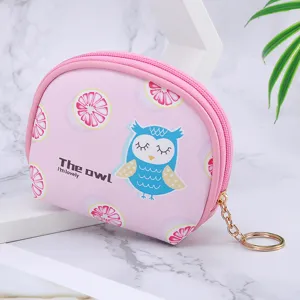 Cute pink owl pattern mini coin purse portable earphone storage pouch with gold keychain