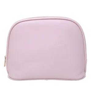 Pink shell-shaped travel cosmetic bag with waterproof cross-grain texture and gold zipper