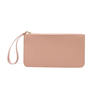Pochette da polso minimalista in pelle PU tinta unita con cerniera dorata per cosmetici