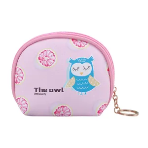 Mini pink owl coin purse and cute portable earphone storage pouch with metal keychain loop