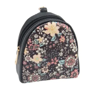 Floral mini shell coin purse with keychain clip and black faux leather trim detail