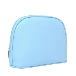 Stylish light blue textured shell cosmetic bag with gold zipper for travel and toiletries