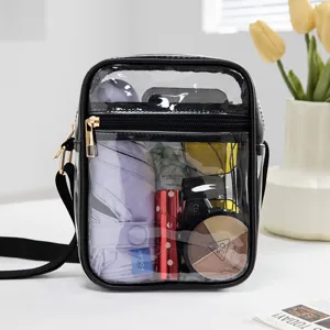 Fashionable transparent PVC waterproof crossbody cosmetic bag with black adjustable strap
